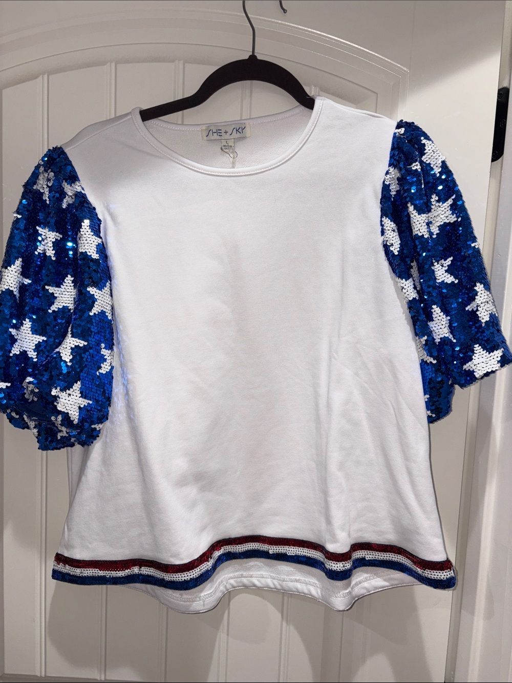 She + Sky White Tee with Blue Sequin Star Puff Sleeves